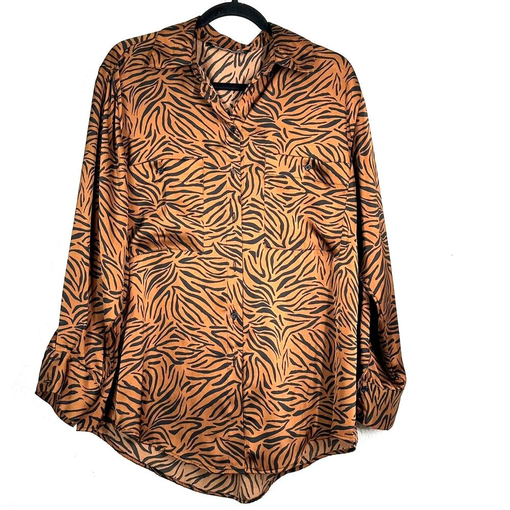 L Zara Women's Brown Tiger/Animal Print Stripes Button-Up Shirt Top Satin